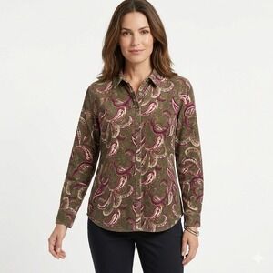 Chicos Women's Size 2 Large Corduroy Button Down Shirt Olive Green Paisley Print